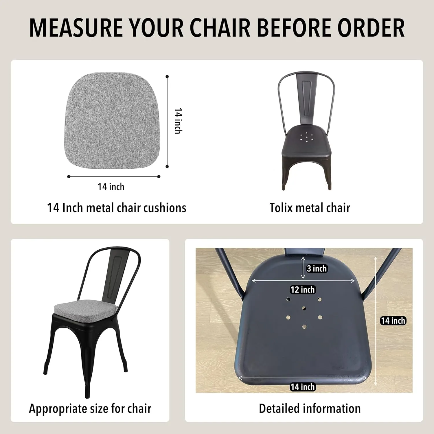 Tromlycs Metal Chair Cushions 14x14 Seat Small Tolix for Metal Chairs Cushions Pads Dining 14 inch Light Grey, One Piece