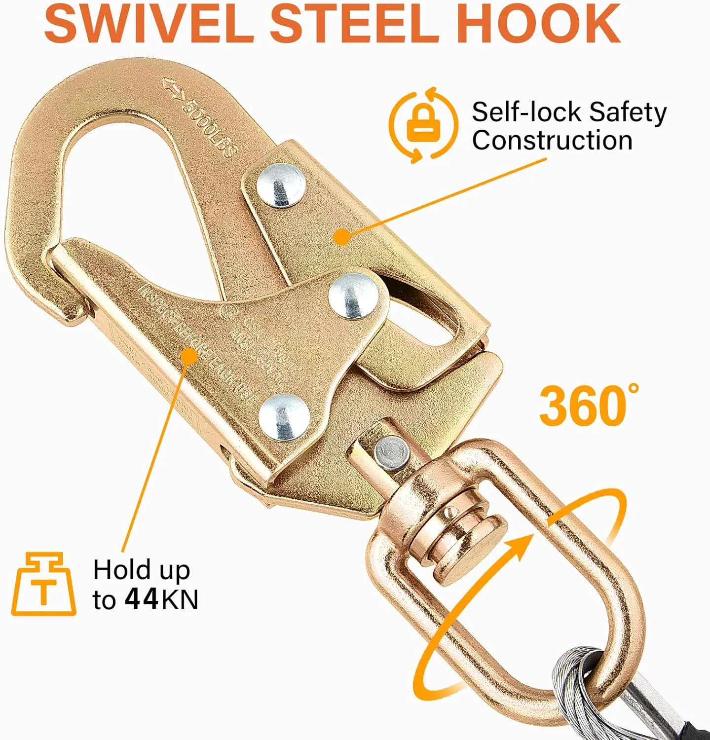TRSMIMA Steel Wire Core Flipline Arborist Climbing Tree Lanyard Kit with Swivel Snap Hook, Triple Lock Carabiner, Rope Grab Adjuster - 10ft Fall Protection, 1/2" Galvanized Steel Cable