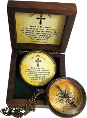 Trust in The Lord with All Your Heart -Proverbs 3: 5-6 Quote Engraved Compass with Keepsake Wooden Box, Communion, Confirmation, Graduation, Sentimental & Inspirational Present - Meaningful Gift
