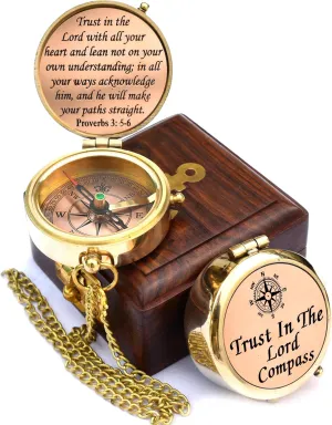 Trust in The Lord With All Your Heart - Proverbs 3:5-6 Quote Engraved Compass With Wooden Box, Greeting Card, Gift Compass, Graduation Day Gifts 2024 for Women Men Boys Girls