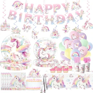 Unicorn Birthday Decorations,202pcs Unicorn Plates and Napkins Cups Pastel Rainbow Unicorns Birthday Decorations Tablecloth Banner Hanging Swirls Cake Topper for Girl Unicorns Party Supplies,serves 24