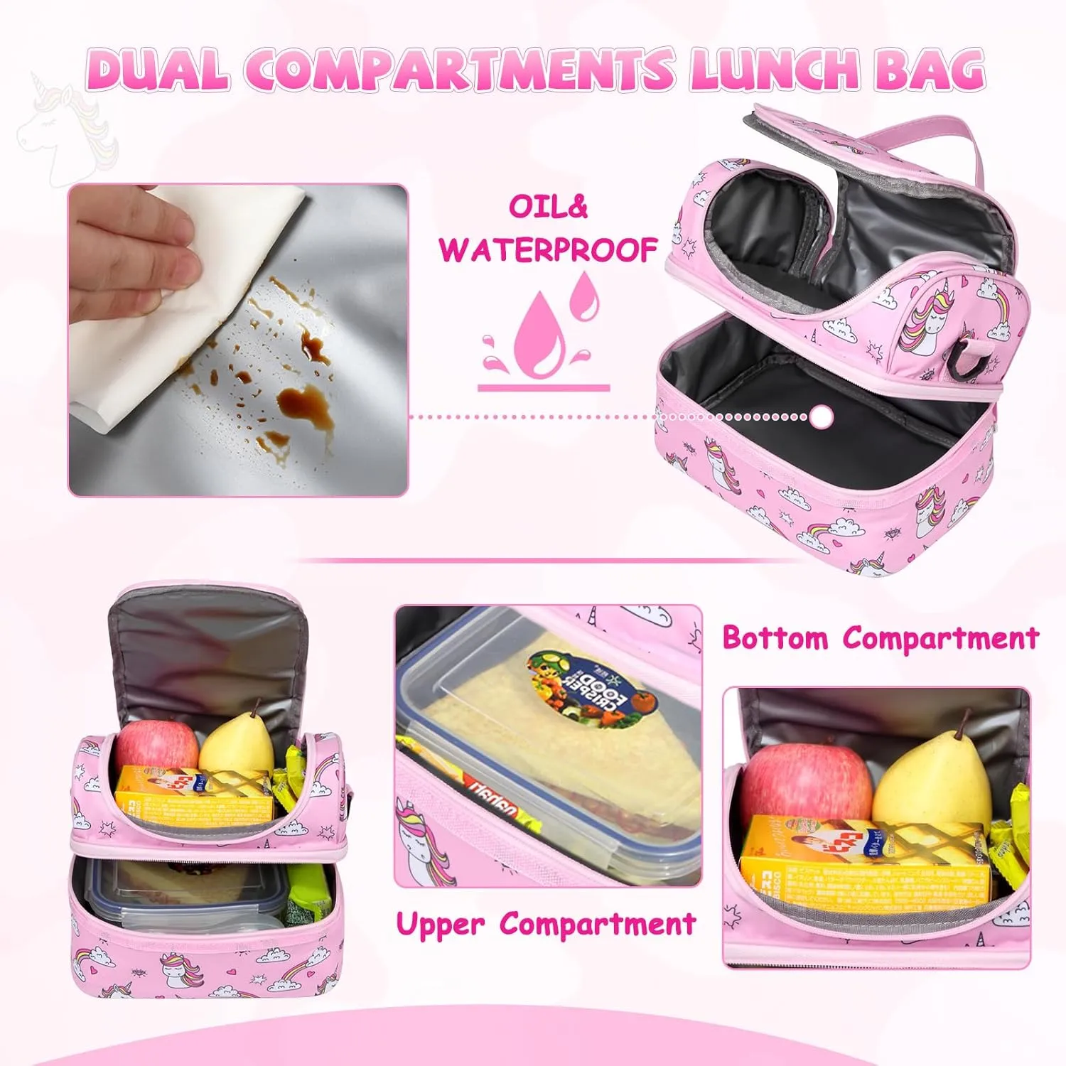 Unicorn Lunch Bag for Girls, ChaseChic Kids Insulated Lunch Box for Boys Girls Lightweight Lunch Organizer Leak-Proof Cooler Bag with Dual Compartment and Detachable Adjustable Shoulder Strap