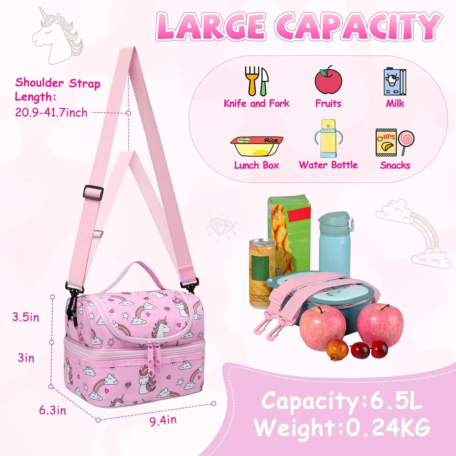 Unicorn Lunch Bag for Girls, ChaseChic Kids Insulated Lunch Box for Boys Girls Lightweight Lunch Organizer Leak-Proof Cooler Bag with Dual Compartment and Detachable Adjustable Shoulder Strap