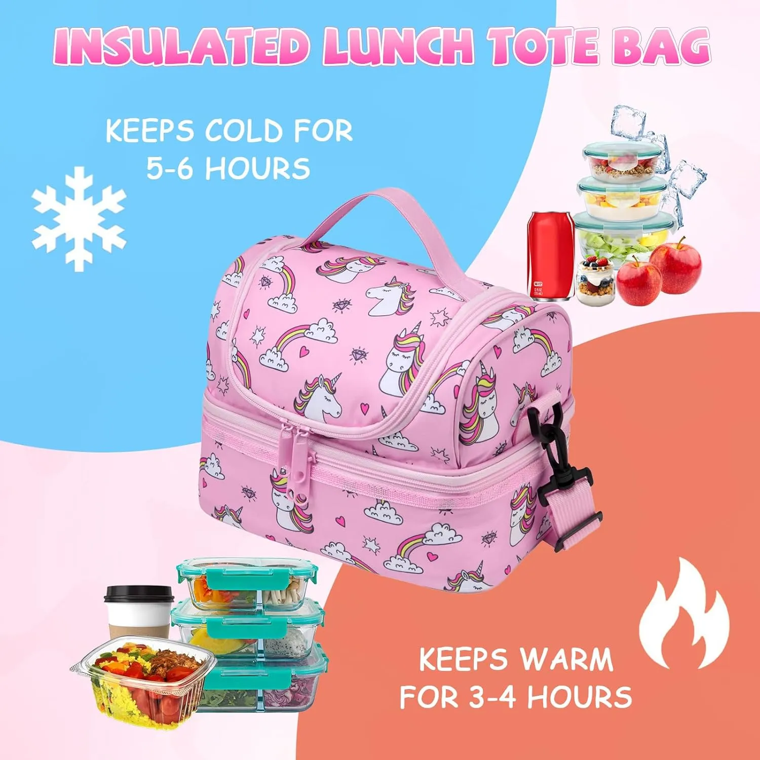 Unicorn Lunch Bag for Girls, ChaseChic Kids Insulated Lunch Box for Boys Girls Lightweight Lunch Organizer Leak-Proof Cooler Bag with Dual Compartment and Detachable Adjustable Shoulder Strap