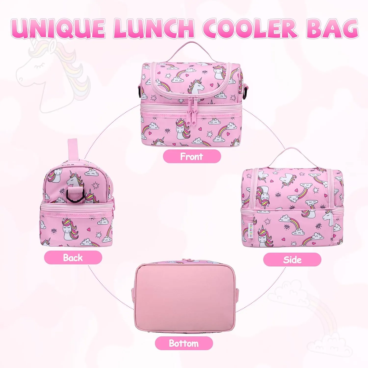 Unicorn Lunch Bag for Girls, ChaseChic Kids Insulated Lunch Box for Boys Girls Lightweight Lunch Organizer Leak-Proof Cooler Bag with Dual Compartment and Detachable Adjustable Shoulder Strap
