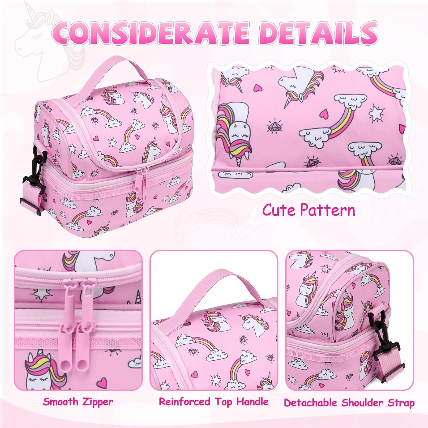 Unicorn Lunch Bag for Girls, ChaseChic Kids Insulated Lunch Box for Boys Girls Lightweight Lunch Organizer Leak-Proof Cooler Bag with Dual Compartment and Detachable Adjustable Shoulder Strap