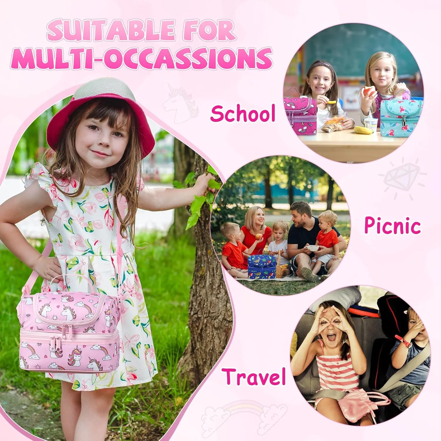 Unicorn Lunch Bag for Girls, ChaseChic Kids Insulated Lunch Box for Boys Girls Lightweight Lunch Organizer Leak-Proof Cooler Bag with Dual Compartment and Detachable Adjustable Shoulder Strap