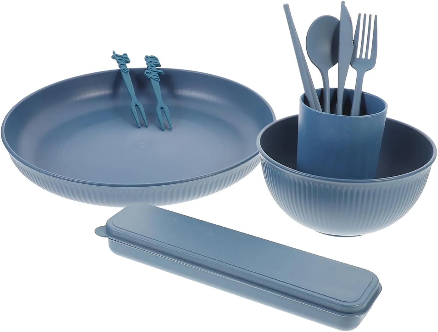 Unomor 40-piece Bamboo Cutlery Set Bowl Plate Cup Chopsticks Spoon Fork Cutter Case Blue Camping Picnic