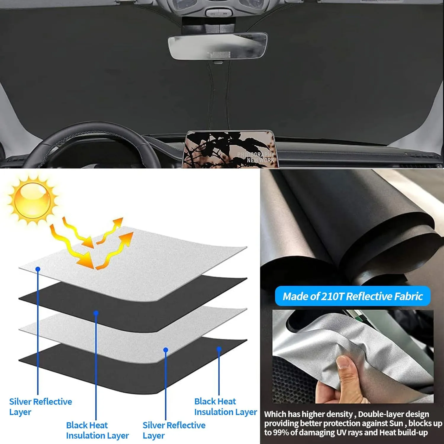 Upgrade Windshield Sun Shade with USA Flag for Jeep Compass 2017-2023, Foldable Windshield Sun Visor Blocks UV Rays