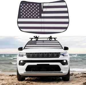 Upgrade Windshield Sun Shade with USA Flag for Jeep Compass 2017-2023, Foldable Windshield Sun Visor Blocks UV Rays