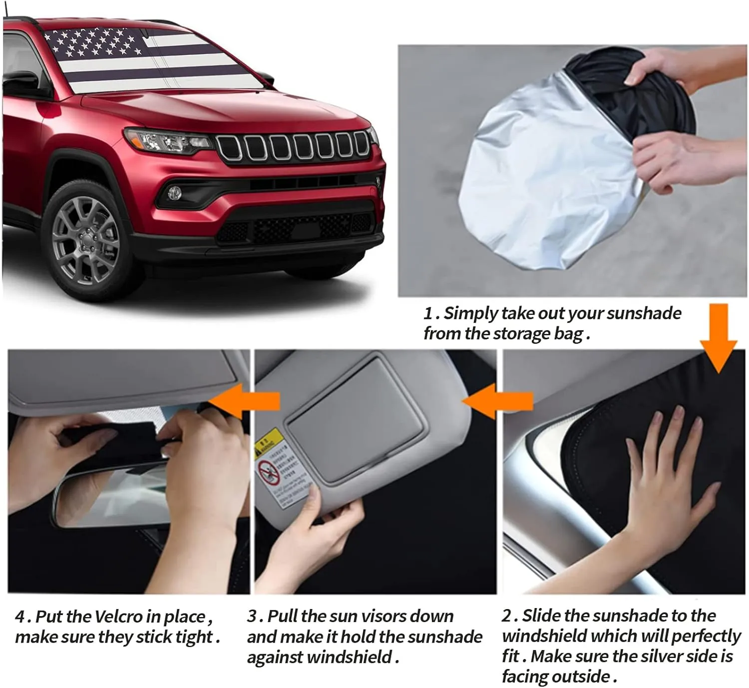 Upgrade Windshield Sun Shade with USA Flag for Jeep Compass 2017-2023, Foldable Windshield Sun Visor Blocks UV Rays