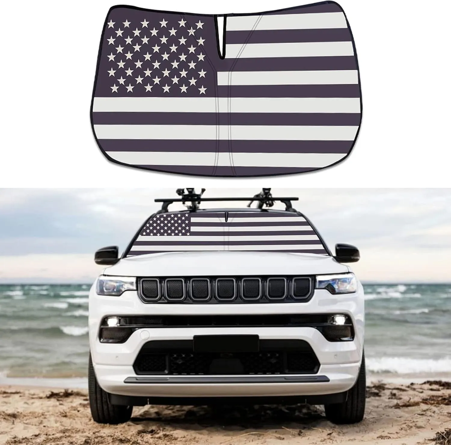 Upgrade Windshield Sun Shade with USA Flag for Jeep Compass 2017-2023, Foldable Windshield Sun Visor Blocks UV Rays