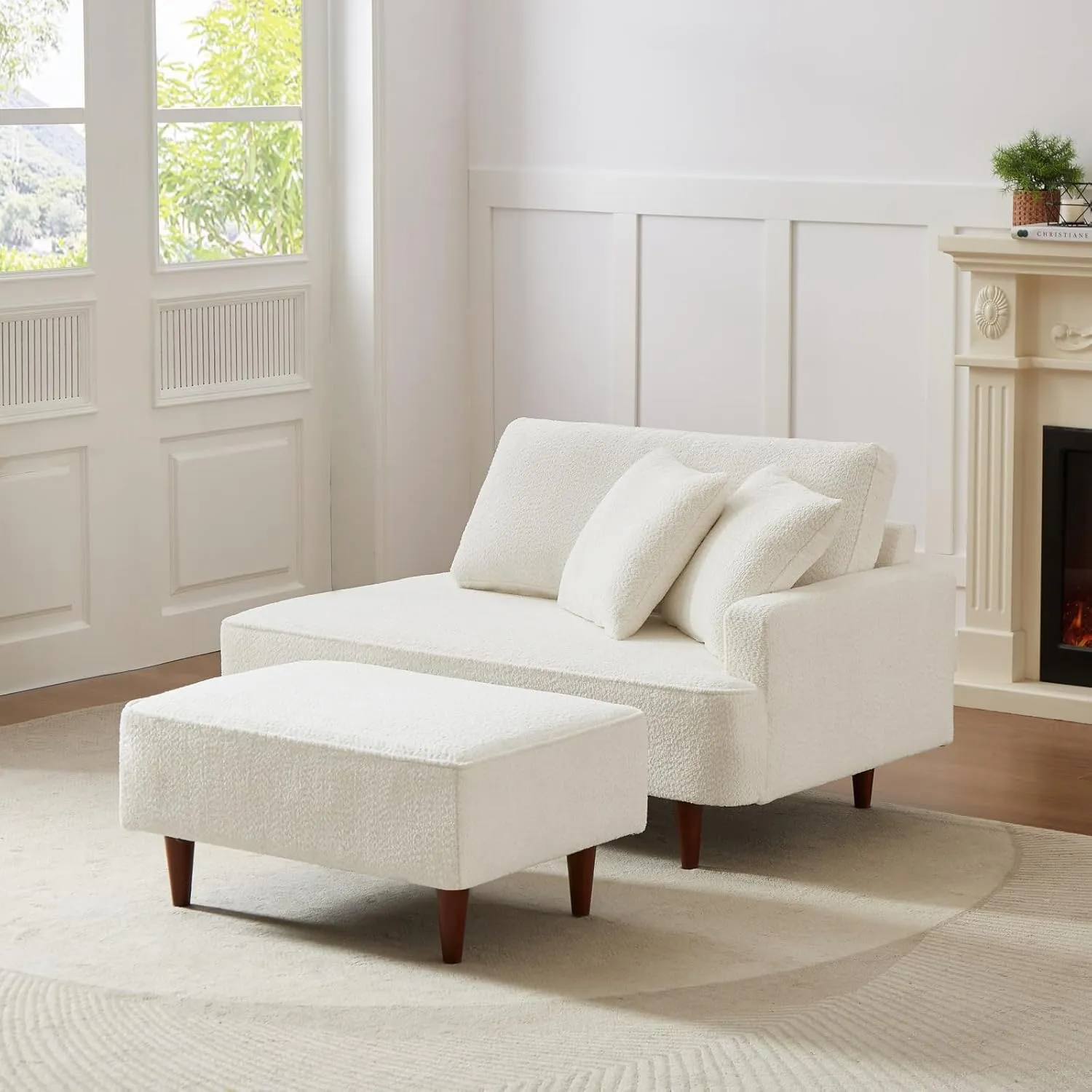 Upholstered Chaise Lounge Chair Indoor with Ottoman Lounge Sofa Indoor Fluffy Boucle Chaise for Office Living Room Bedroom Reading Sleeping Relaxing (Boucle Biege)