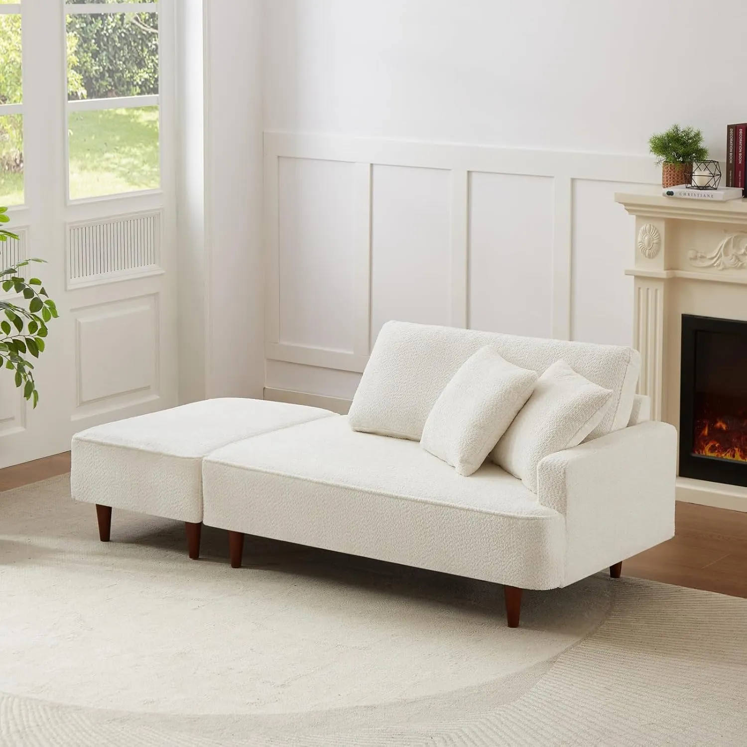 Upholstered Chaise Lounge Chair Indoor with Ottoman Lounge Sofa Indoor Fluffy Boucle Chaise for Office Living Room Bedroom Reading Sleeping Relaxing (Boucle Biege)