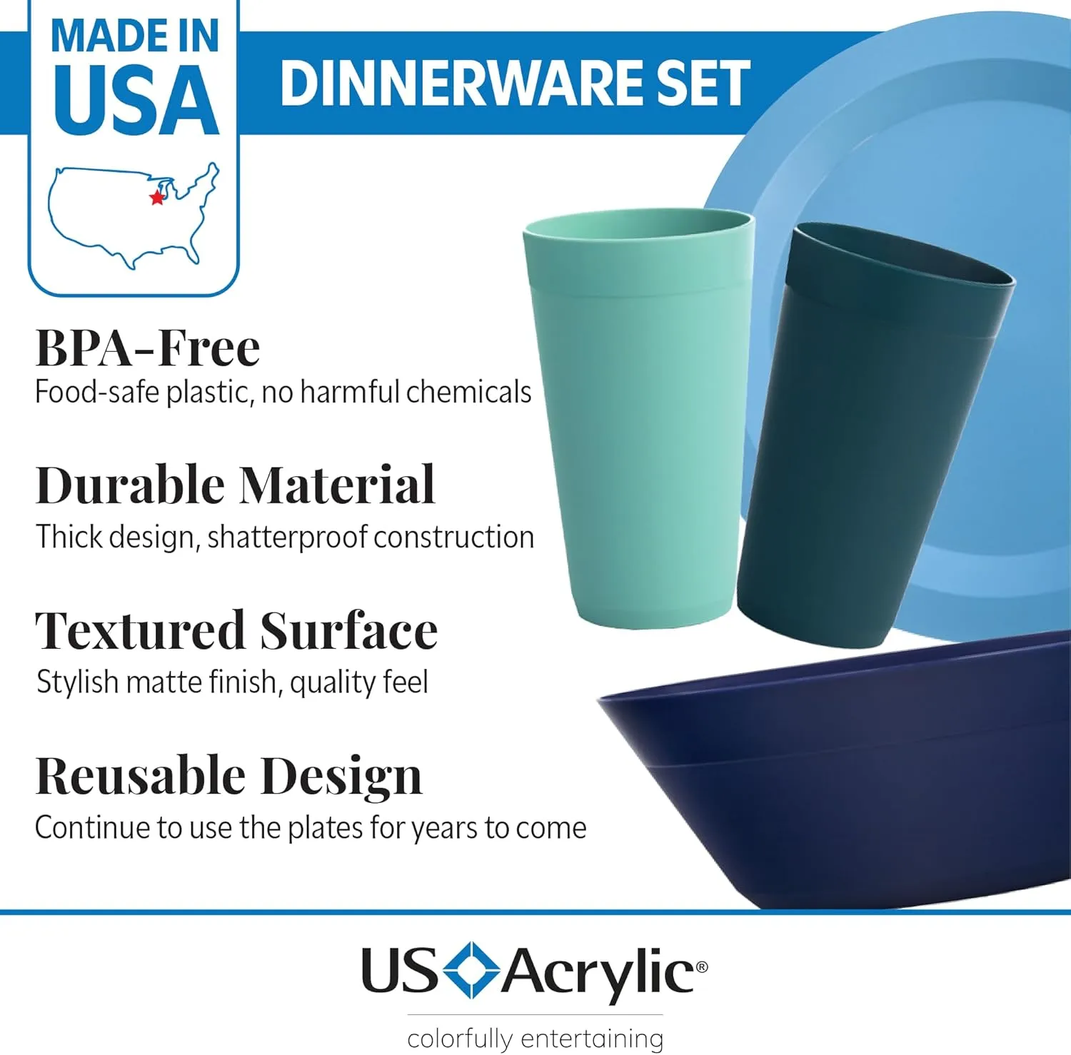US Acrylic Newport Plastic Plate, Bowl and Tumbler Dinnerware Set for 4 in Coastal Colors | 12-Piece Drinking and Dining Set | Reusable, BPA-free, Made in the USA, Top-rack Dishwasher Safe