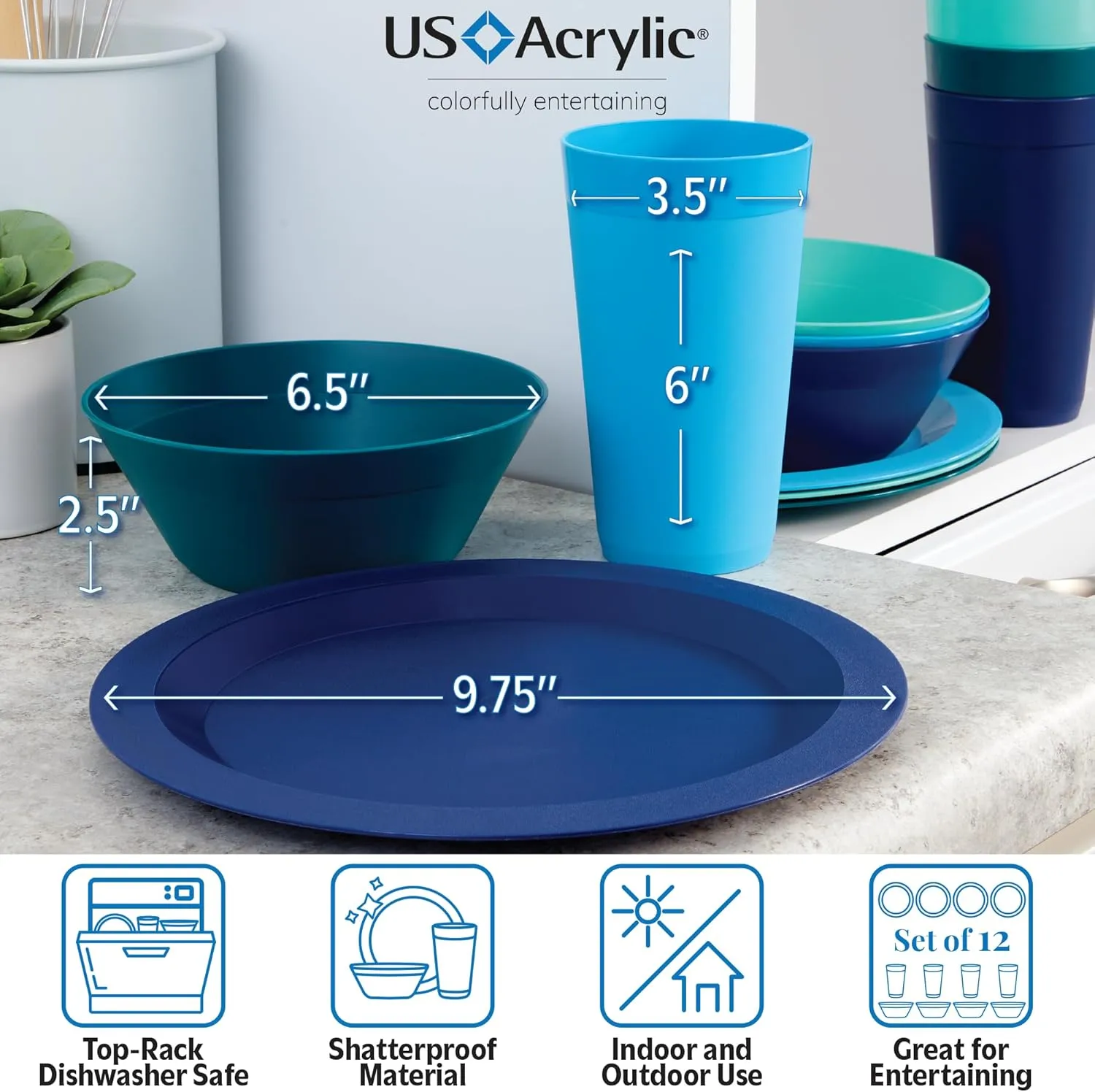 US Acrylic Newport Plastic Plate, Bowl and Tumbler Dinnerware Set for 4 in Coastal Colors | 12-Piece Drinking and Dining Set | Reusable, BPA-free, Made in the USA, Top-rack Dishwasher Safe
