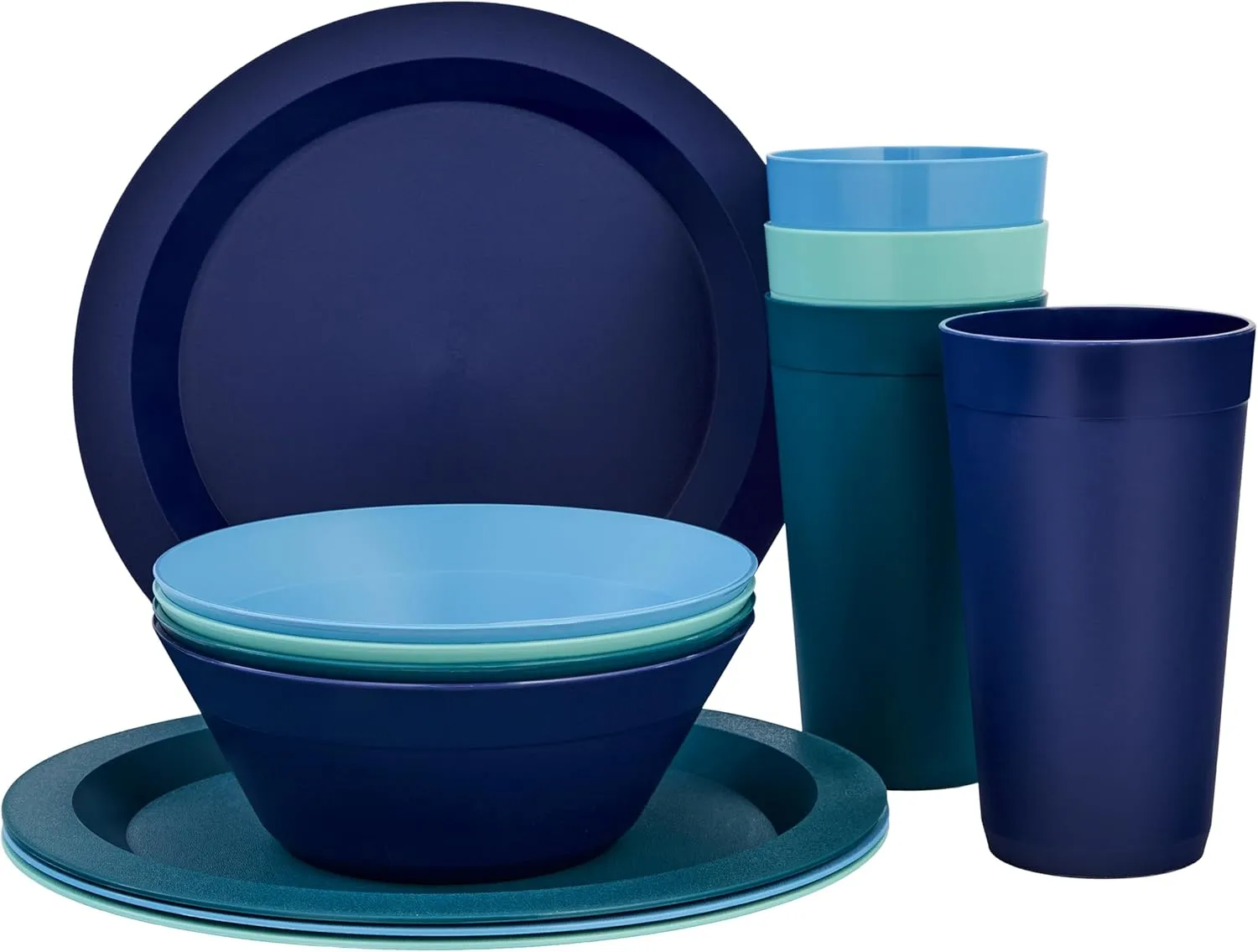 US Acrylic Newport Plastic Plate, Bowl and Tumbler Dinnerware Set for 4 in Coastal Colors | 12-Piece Drinking and Dining Set | Reusable, BPA-free, Made in the USA, Top-rack Dishwasher Safe