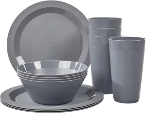 US Acrylic Newport Plastic Plate, Bowl and Tumbler Dinnerware Set for 4 in Grey Stone | 12-Piece Drinking and Dining Set | Reusable, BPA-free, Made in the USA, Top-rack Dishwasher Safe