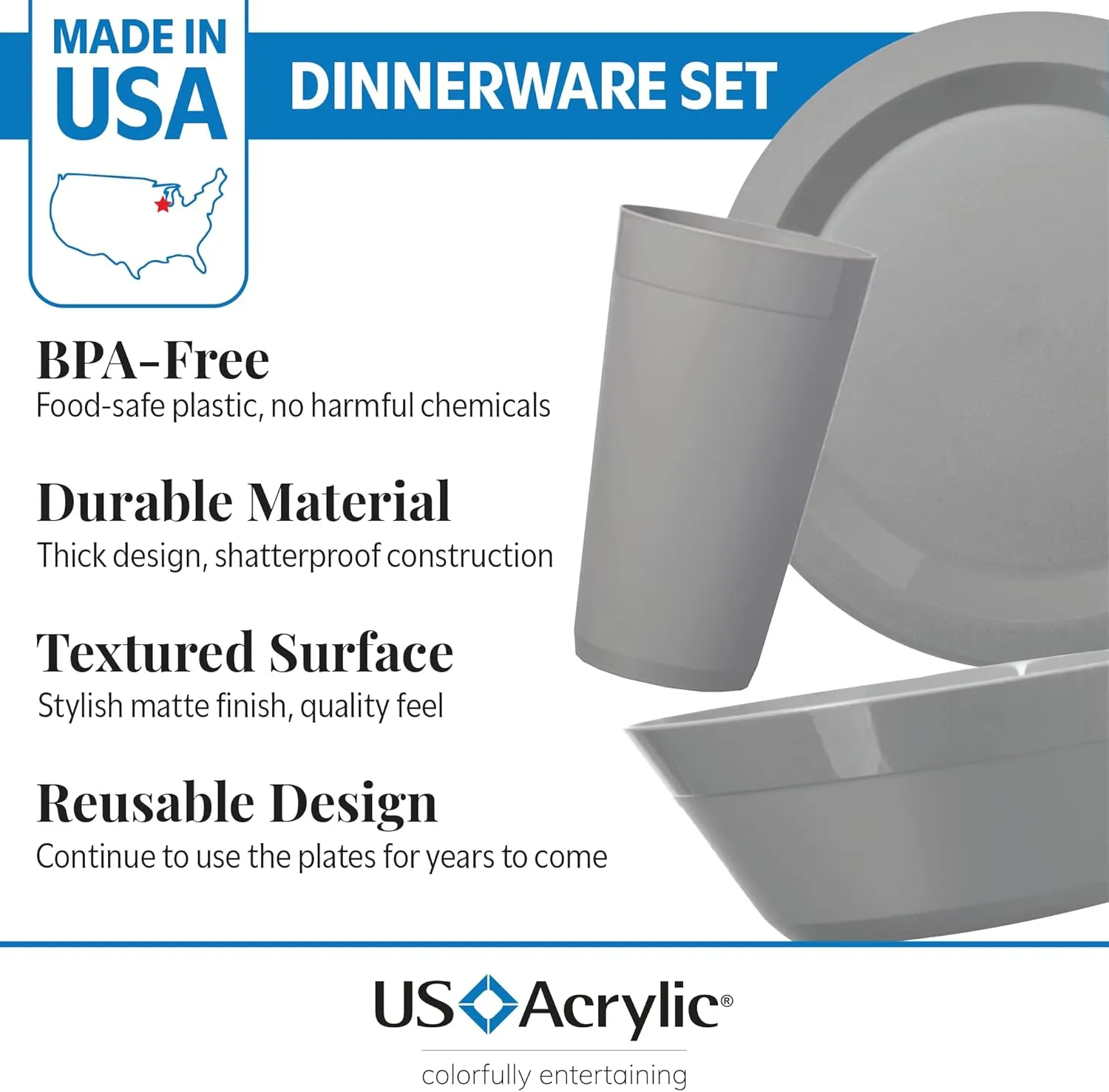 US Acrylic Newport Plastic Plate, Bowl and Tumbler Dinnerware Set for 4 in Grey Stone | 12-Piece Drinking and Dining Set | Reusable, BPA-free, Made in the USA, Top-rack Dishwasher Safe