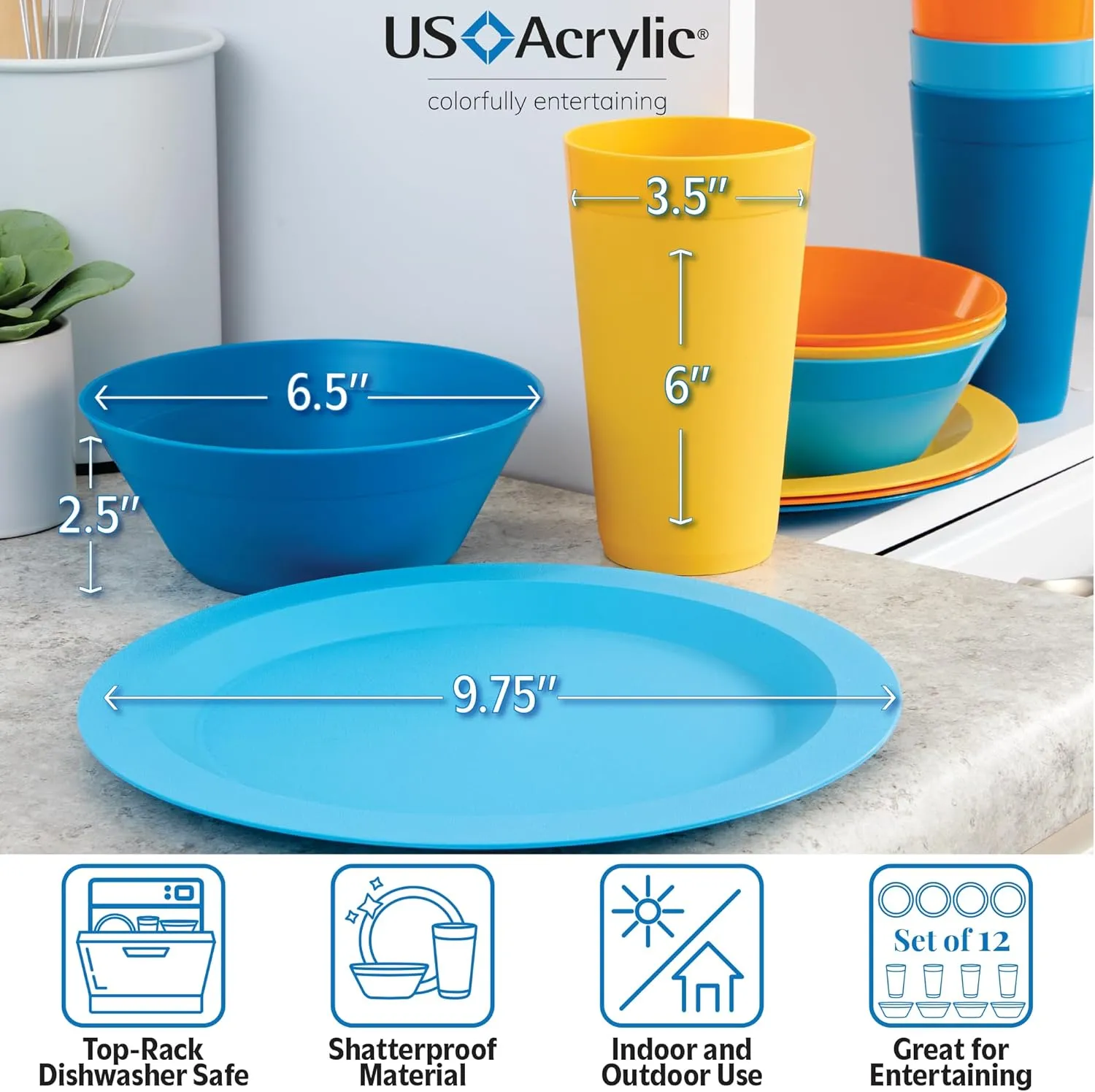 US Acrylic Newport Plastic Plate, Bowl and Tumbler Dinnerware Set for 4 in Sunrise Colors | 12-Piece Drinking and Dining Set | Reusable, BPA-free, Made in the USA, Top-rack Dishwasher Safe