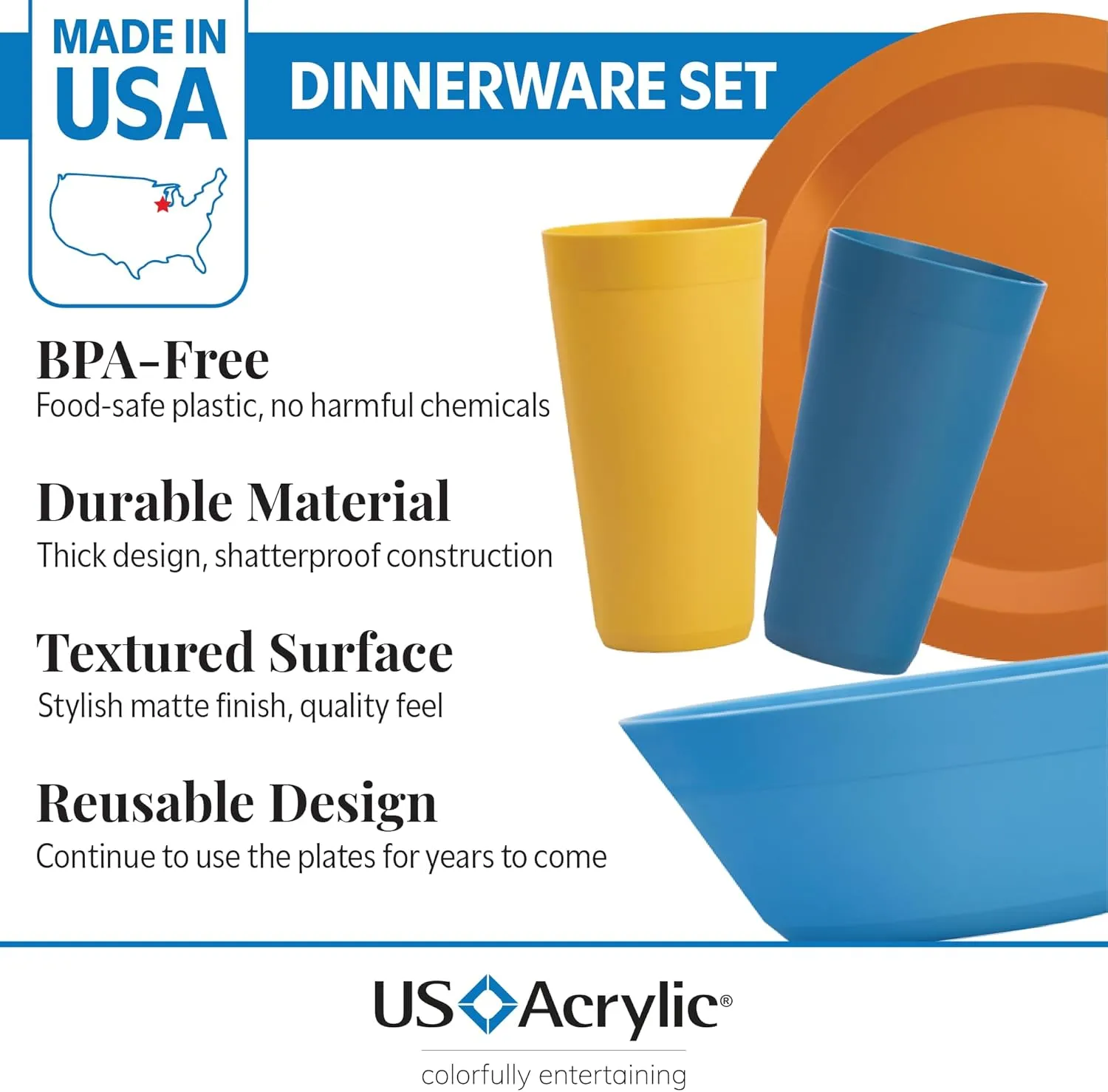 US Acrylic Newport Plastic Plate, Bowl and Tumbler Dinnerware Set for 4 in Sunrise Colors | 12-Piece Drinking and Dining Set | Reusable, BPA-free, Made in the USA, Top-rack Dishwasher Safe