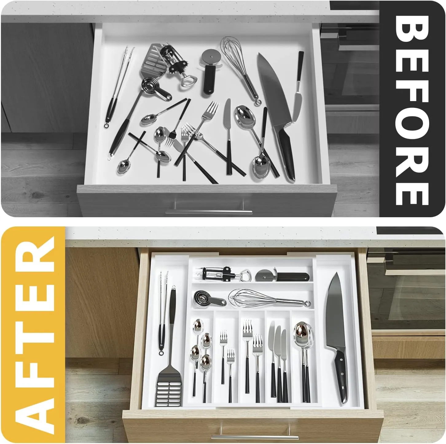 Utensil Organizer Silverware Drawer Organizer - Adjustable Utensil Tray Bamboo Silverware Divider with Groove for Kitchen Flatware, Hair Accessories, Repair Tools, Art Set W13.5"-19.9" x L17.6"(White)