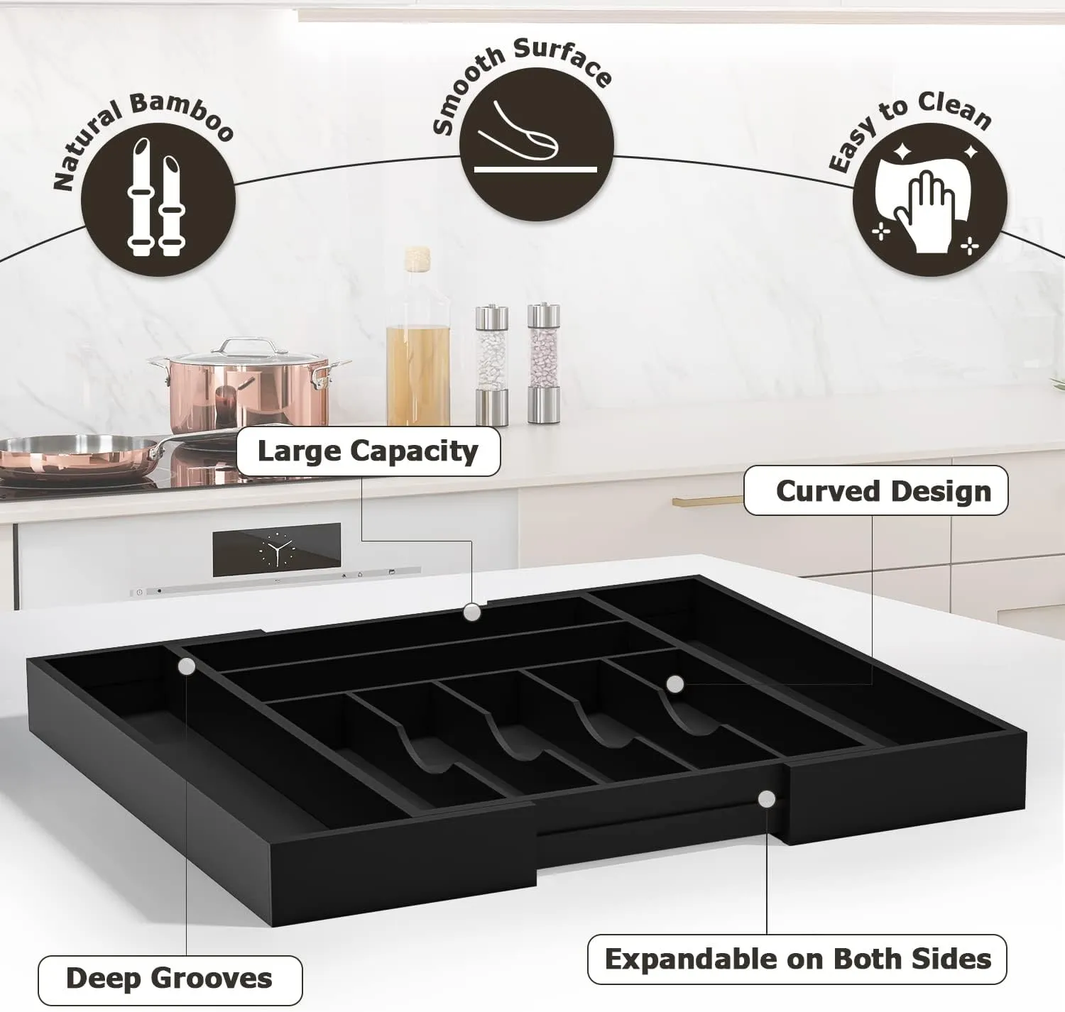 Utensil Organizer Silverware Drawer Organizer - Bamboo Expandable Cutlery Tray with Dividers for Utensil Holder Office Storage Makeup Desk Drawer Tool Organization W13.5"-19.5" x L17.5" x H2.5"(Black)