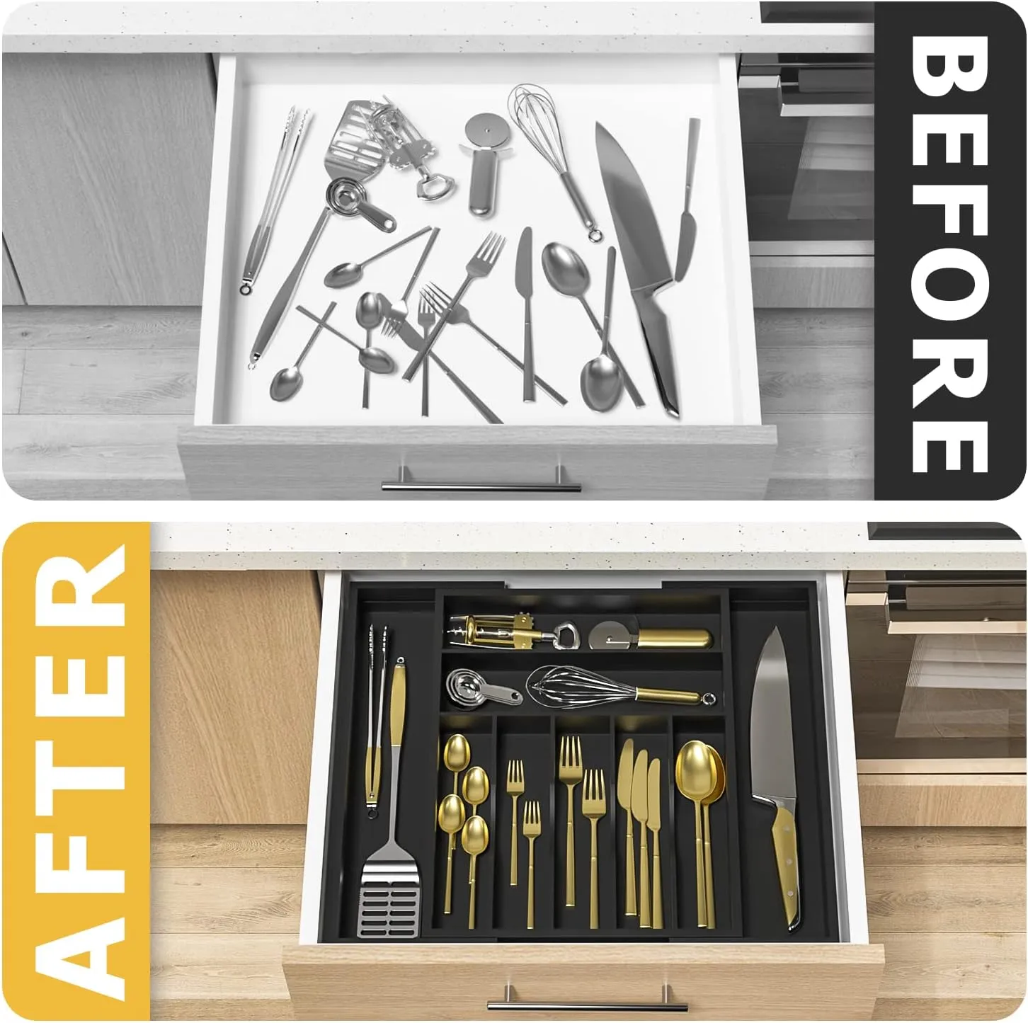 Utensil Organizer Silverware Drawer Organizer - Bamboo Expandable Cutlery Tray with Dividers for Utensil Holder Office Storage Makeup Desk Drawer Tool Organization W13.5"-19.5" x L17.5" x H2.5"(Black)
