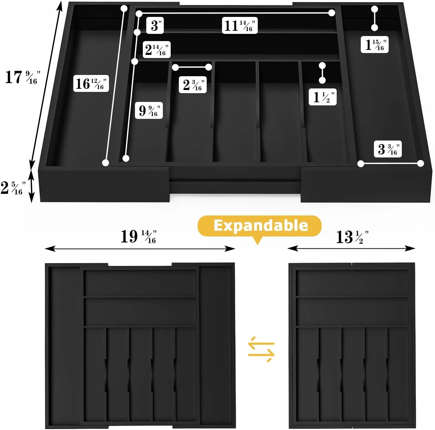 Utensil Organizer Silverware Drawer Organizer - Bamboo Expandable Cutlery Tray with Dividers for Utensil Holder Office Storage Makeup Desk Drawer Tool Organization W13.5"-19.5" x L17.5" x H2.5"(Black)