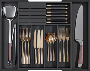 Utensil Organizer Silverware Tray for Drawer - Bamboo Knife Drawer Organizer Expandable Cutlery Organizer in Drawer Knife Block W12.8-20.2" x L16 x H2 (Black)