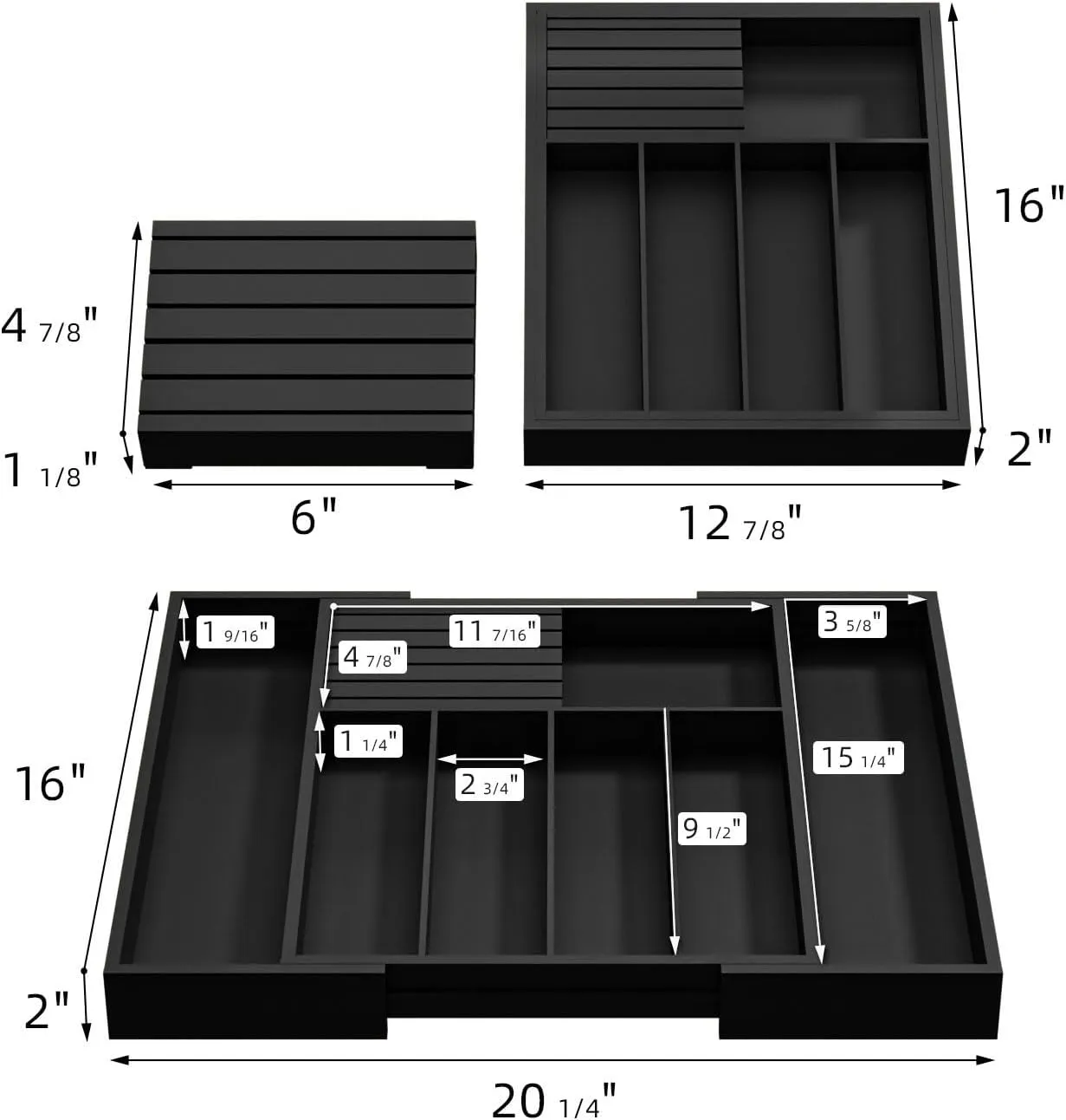 Utensil Organizer Silverware Tray for Drawer - Bamboo Knife Drawer Organizer Expandable Cutlery Organizer in Drawer Knife Block W12.8-20.2" x L16 x H2 (Black)