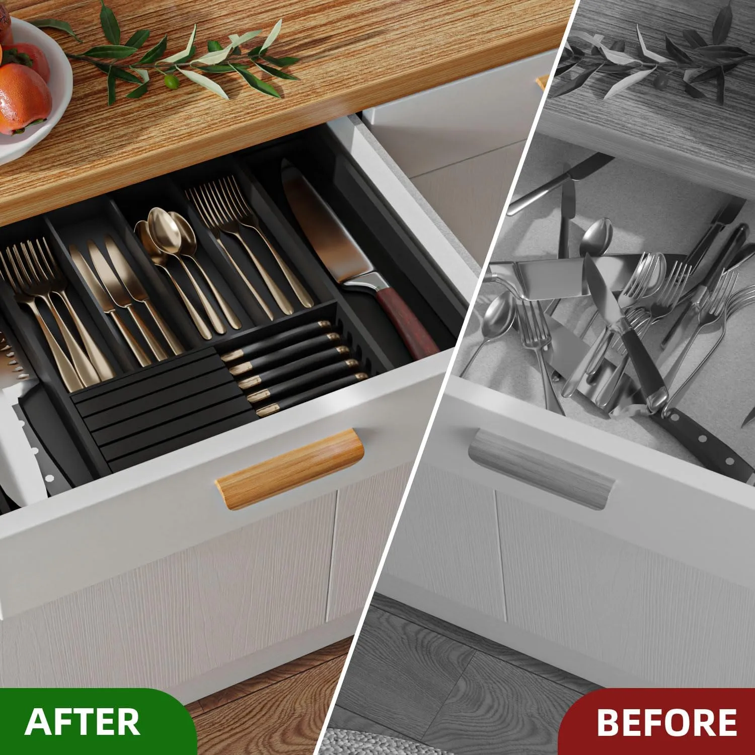Utensil Organizer Silverware Tray for Drawer - Bamboo Knife Drawer Organizer Expandable Cutlery Organizer in Drawer Knife Block W12.8-20.2" x L16 x H2 (Black)