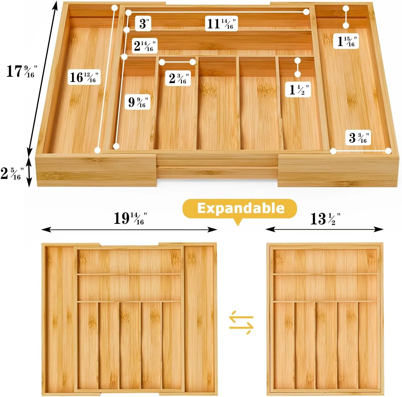 Utensil Organizer Silverware Tray For Drawer - Expandable Silverware Organizer Bamboo Flatware Organizer for Kitchen Utensils and Cutlery, Living Room Storage Box W13.5"-19.9" x L17.6" (Yellow)