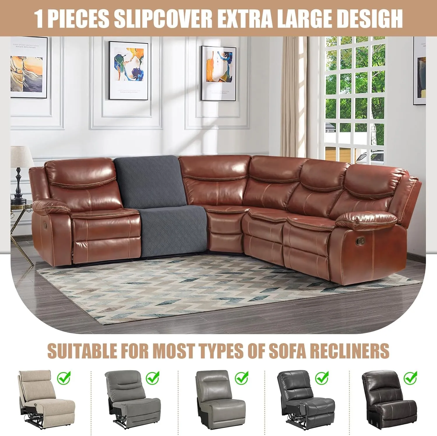 VANSOFY Extra Large Reclining Sectional Couch Covers, Washable 5-Piece Sofa Covers for L Shape Sectional Sofa Corner Seater, Thick, Soft Sofa Slipcovers (Additional Cover, Charcoal Gray)