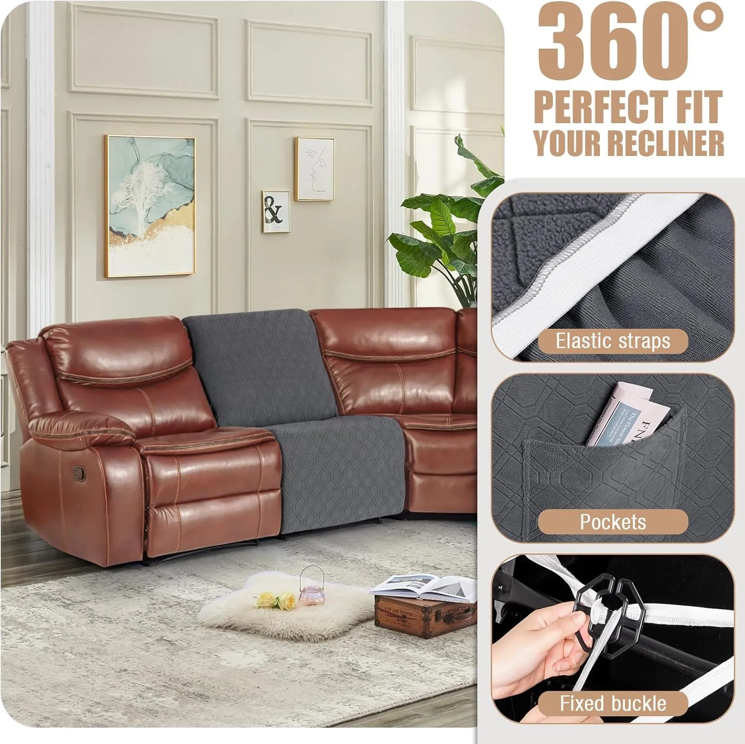 VANSOFY Extra Large Reclining Sectional Couch Covers, Washable 5-Piece Sofa Covers for L Shape Sectional Sofa Corner Seater, Thick, Soft Sofa Slipcovers (Additional Cover, Charcoal Gray)