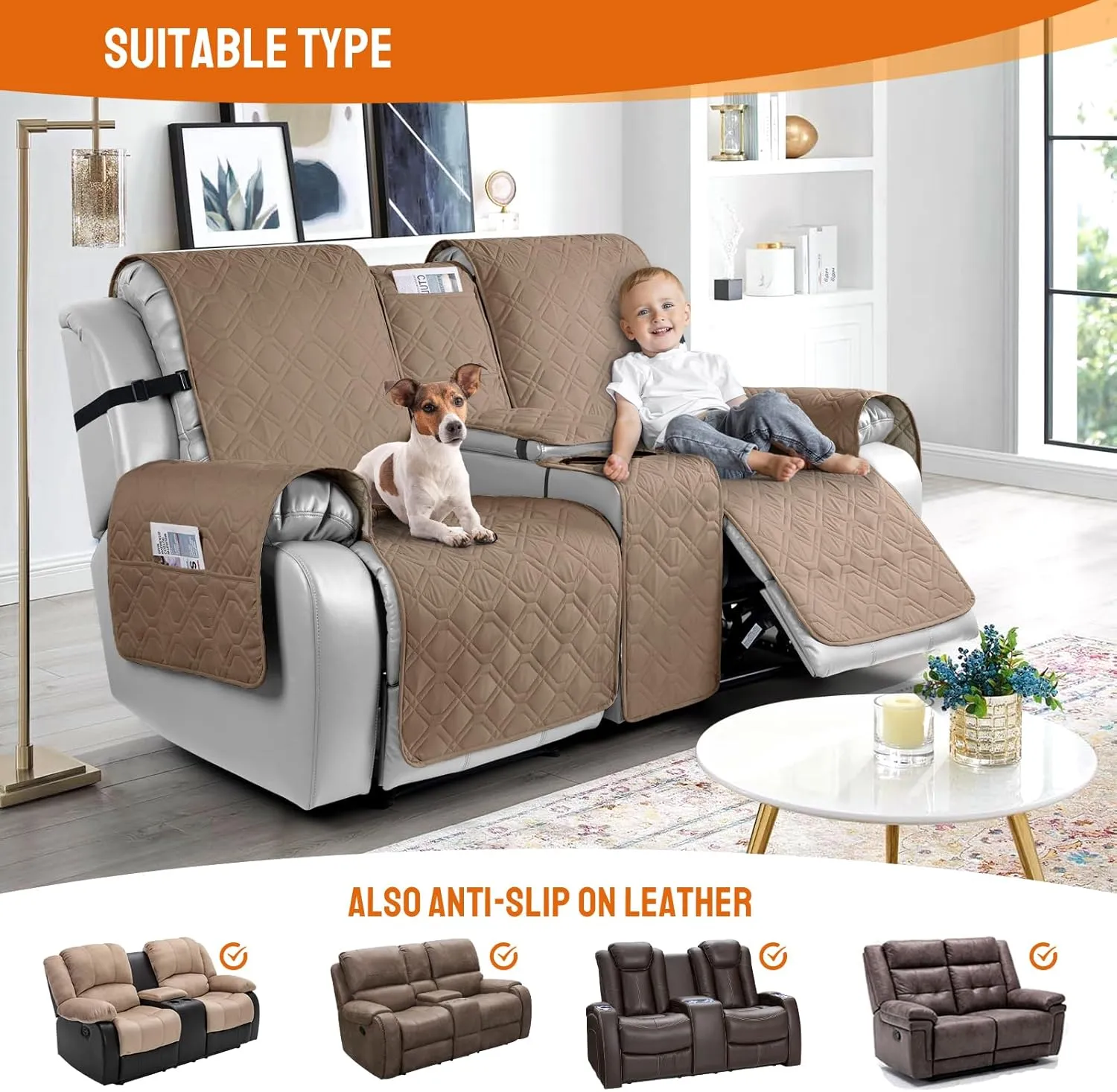 VANSOFY Loveseat Recliner Cover with Console 100% Waterproof Sofa Slipcovers Non-Slip Reclining Couch Cover Split Sofa Covers Furniture Protector for Pets, Dogs(Light Brown)
