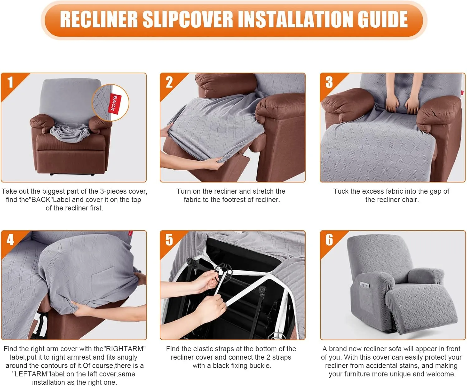 VANSOFY Recliner Chair Cover, 3-Pieces Stretch Recliner Covers for Recliner Chair Soft Reclining Chair Slipcover Furniture Protector for Dogs Cats(Light Gray)