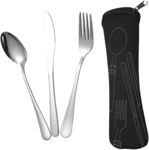 VANZACK 4sets Stainless Steel Portable Cutlery Travel Utensils Pouch for Outdoor Dining Camping Picnics Everyday Use Rounded Edges Lightweight
