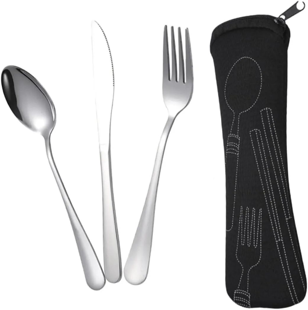 VANZACK 4sets Stainless Steel Portable Cutlery Travel Utensils Pouch for Outdoor Dining Camping Picnics Everyday Use Rounded Edges Lightweight