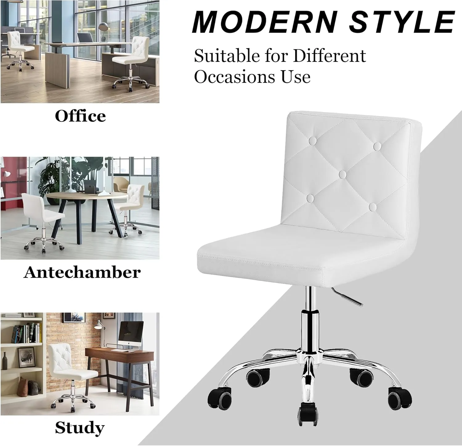 VECELO PU Leather Mid-Back Armless Vanity Chair Adjustable Height 360° Rolling Swivel for Home Office Work, White