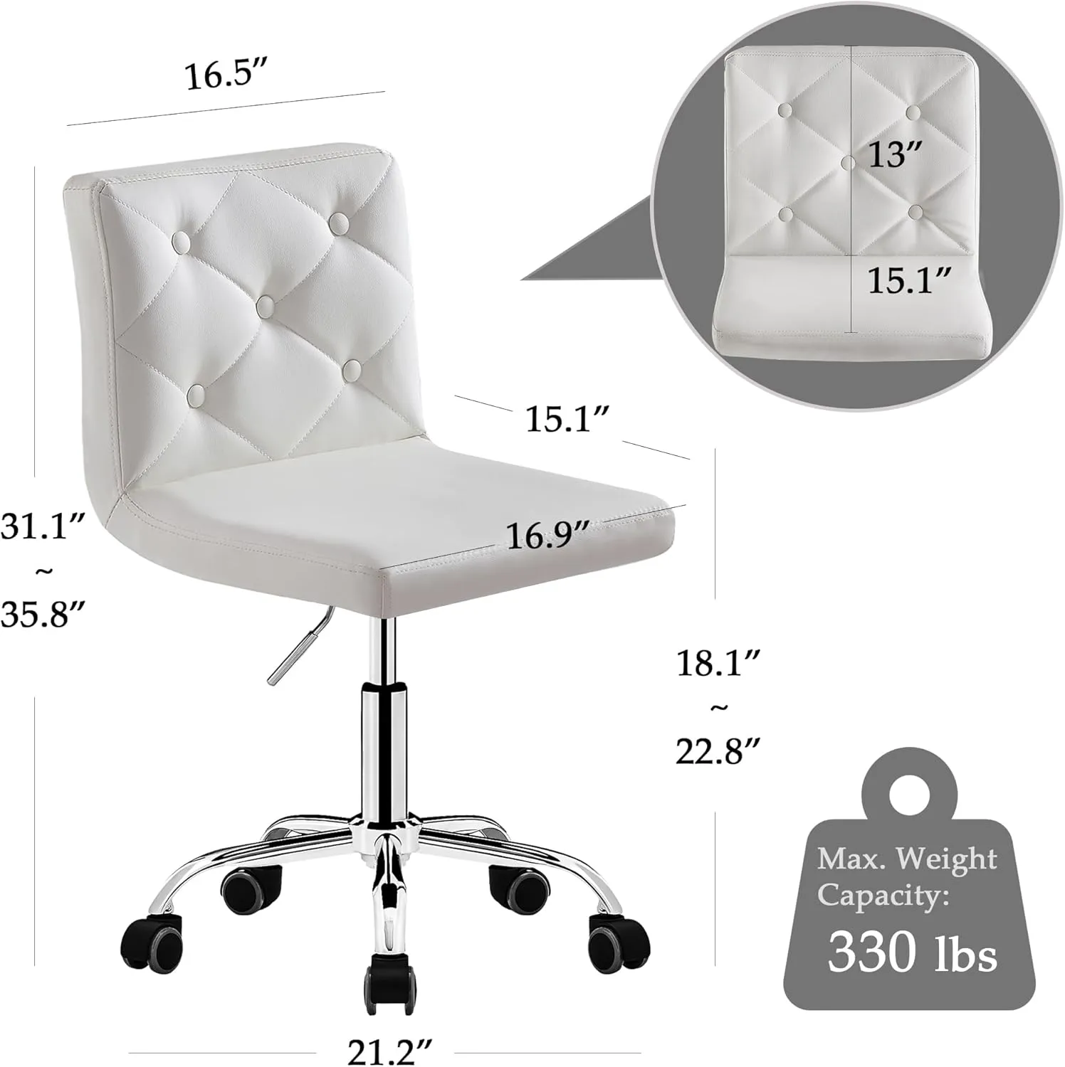 VECELO PU Leather Mid-Back Armless Vanity Chair Adjustable Height 360° Rolling Swivel for Home Office Work, White
