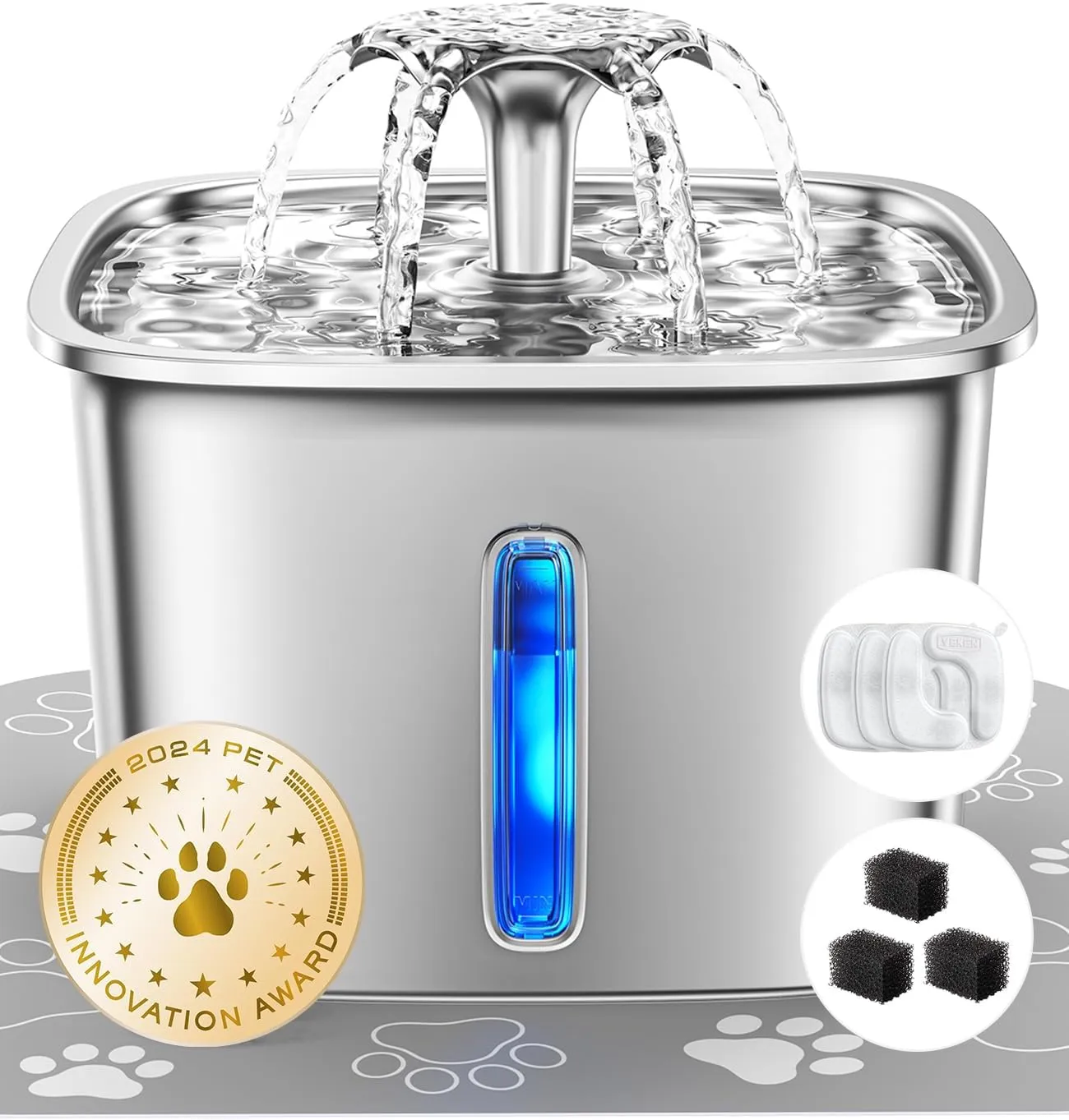 Veken Innovation Award Winner Stainless Steel Cat Water Fountain, Dad Gifts, 95oz/2.8L Automatic Pet Fountain with 3 Replacement Filters & 3 Pre-Filter Sponges & Silicone Mat for Cats, Dogs (Silver)
