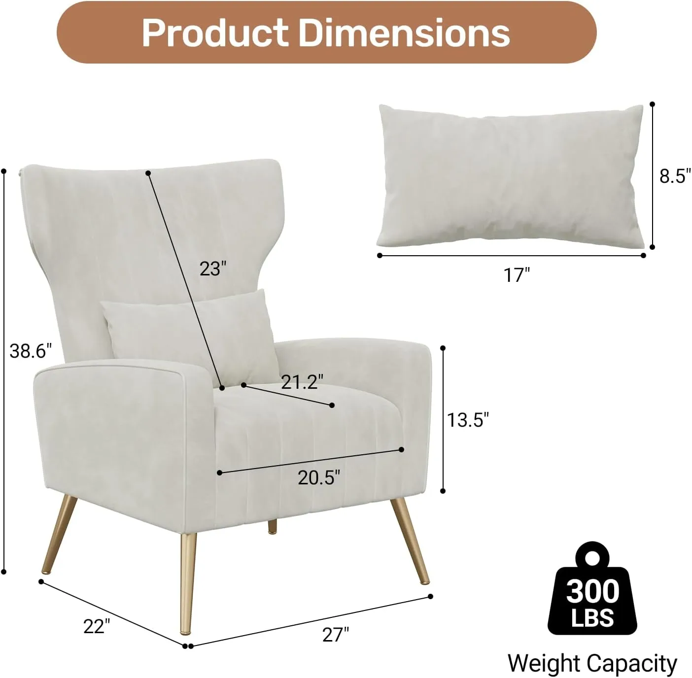 Velvet Accent Chair Wingback for Living Room, High Back Arm Chair with Golden Legs Lumbar Pillow, Upholstered Single Sofa Bedroom Beige