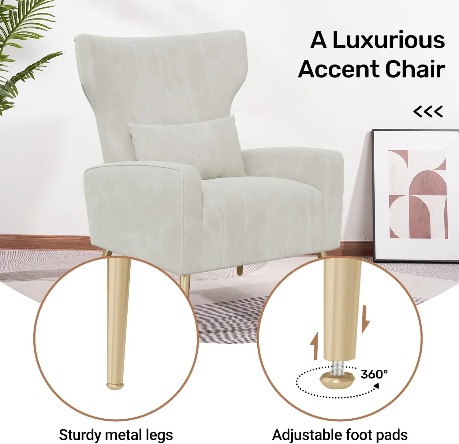 Velvet Accent Chair Wingback for Living Room, High Back Arm Chair with Golden Legs Lumbar Pillow, Upholstered Single Sofa Bedroom Beige