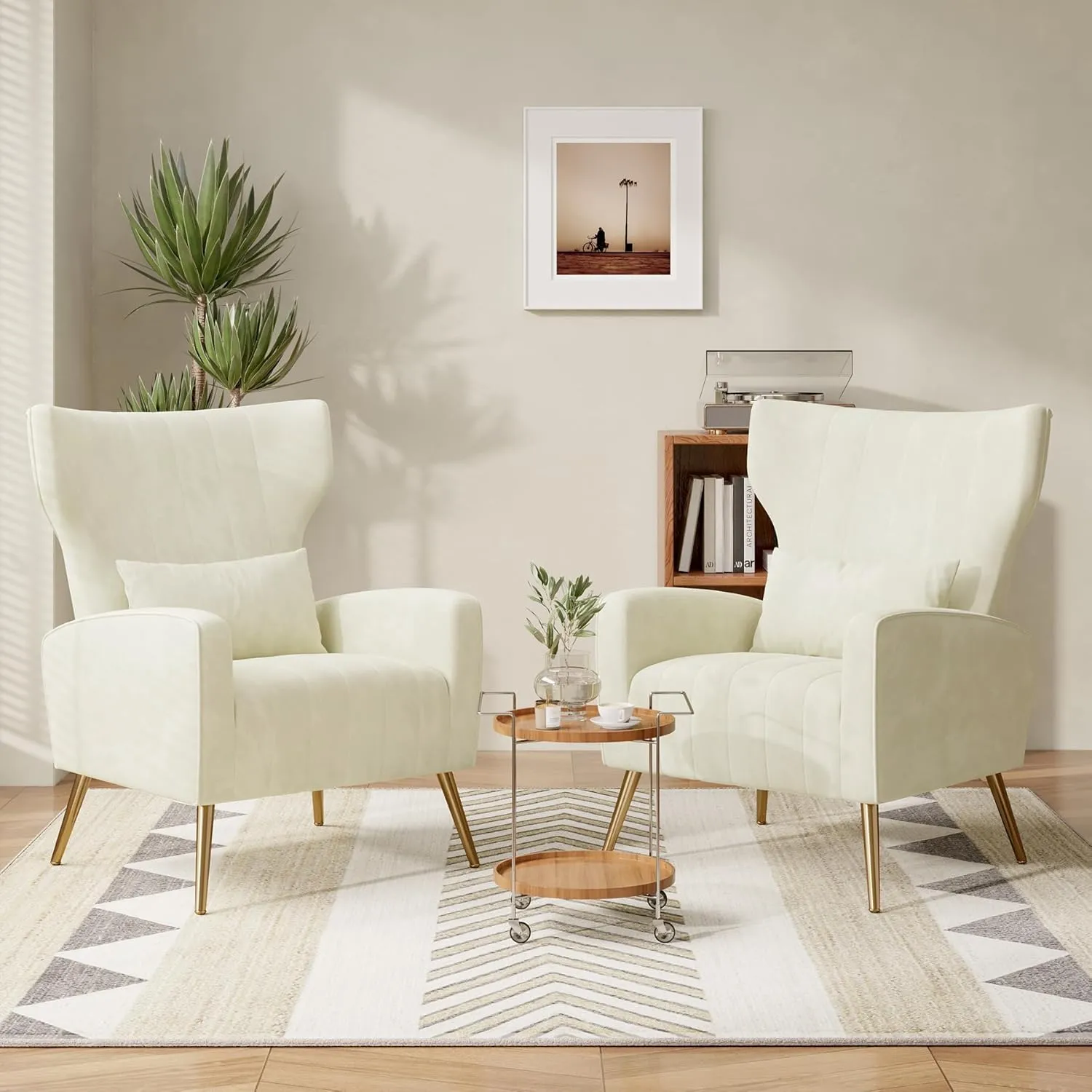 Velvet Accent Chair Wingback for Living Room, High Back Arm Chair with Golden Legs Lumbar Pillow, Upholstered Single Sofa Bedroom Beige