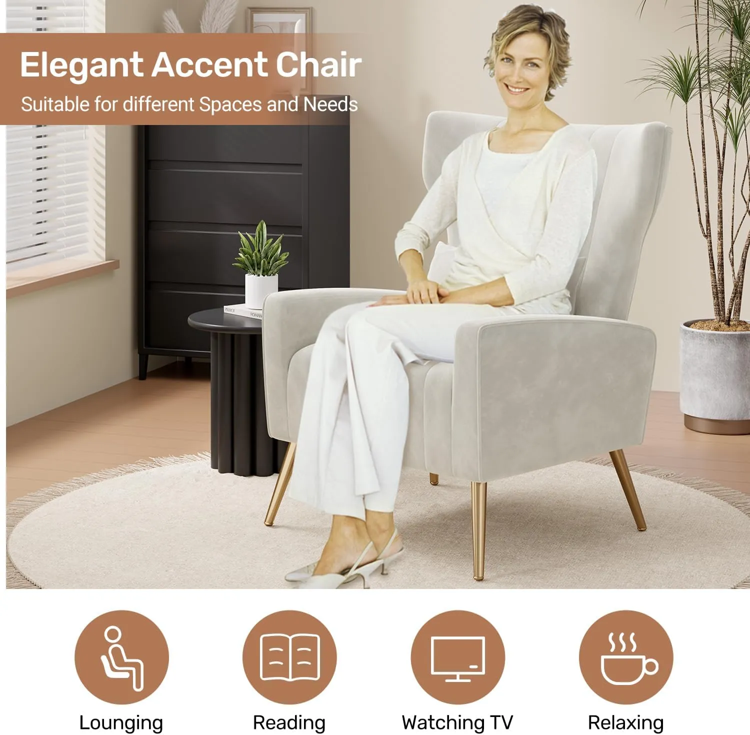 Velvet Accent Chair Wingback for Living Room, High Back Arm Chair with Golden Legs Lumbar Pillow, Upholstered Single Sofa Bedroom Beige