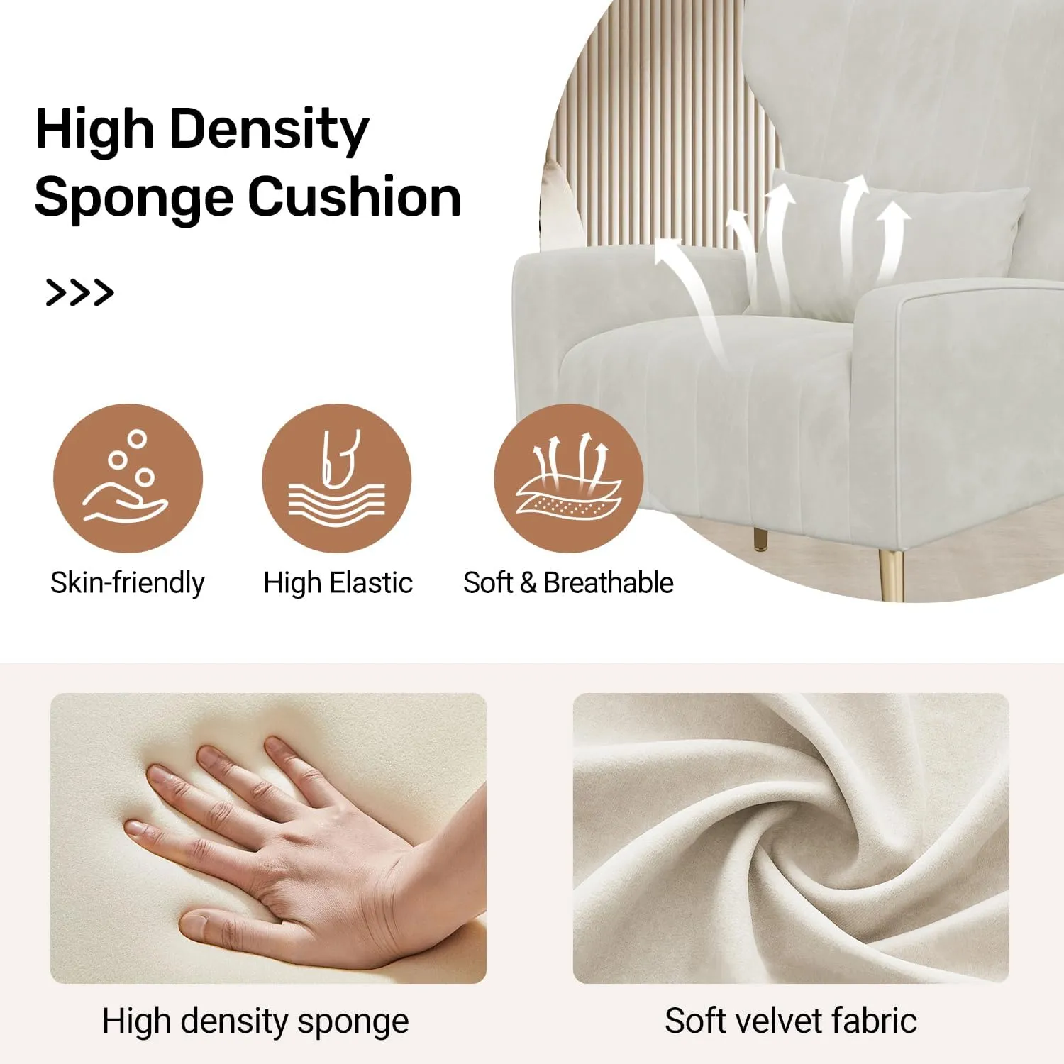 Velvet Accent Chair Wingback for Living Room, High Back Arm Chair with Golden Legs Lumbar Pillow, Upholstered Single Sofa Bedroom Beige