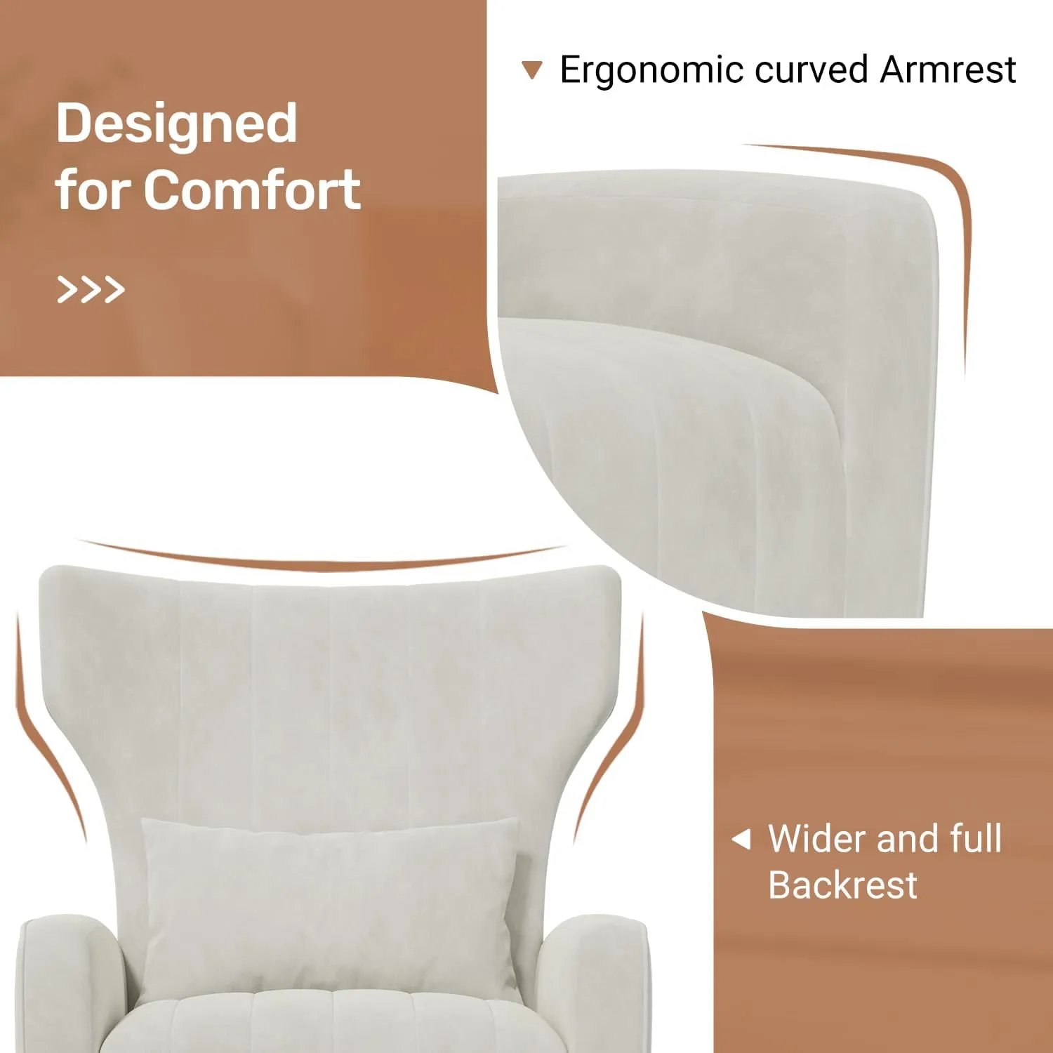 Velvet Accent Chair Wingback for Living Room, High Back Arm Chair with Golden Legs Lumbar Pillow, Upholstered Single Sofa Bedroom Beige