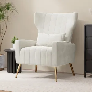 Velvet Accent Chair Wingback for Living Room, High Back Arm Chair with Golden Legs Lumbar Pillow, Upholstered Single Sofa Bedroom Beige