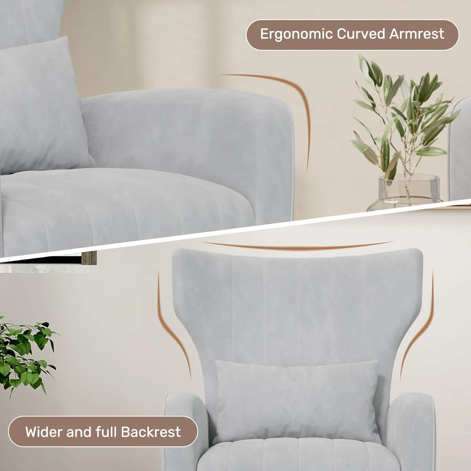 Velvet Accent Chair Wingback for Living Room, High Back Arm Chair with Golden Legs Lumbar Pillow, Upholstered Single Sofa Bedroom Light Grey